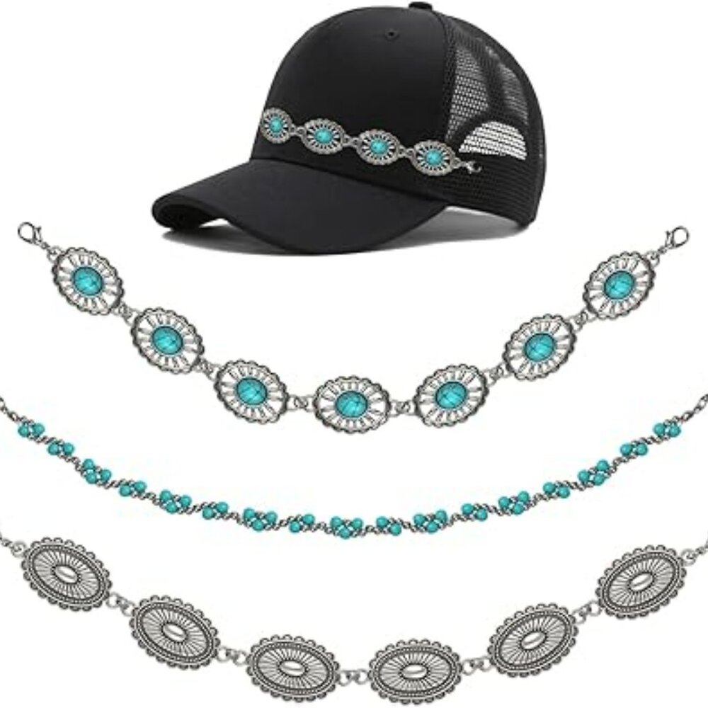 3 pc Hat Chains Pearl & Western Metal‎ Clip On Your Hat Turquoise Bling